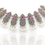 Silver harmony beautiful carving neck piece with studded red and green stone