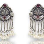 Silver aura chitai work with pearls earrings