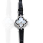 Van cleef silver mother of pearl dial black leather watch
