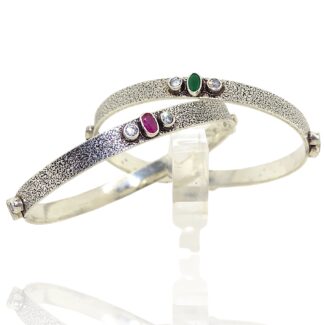 Silver aura red & green stone bangles